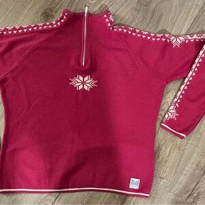 Dale of Norway Red and White Cowl Neck Sweater with Intricate Trim